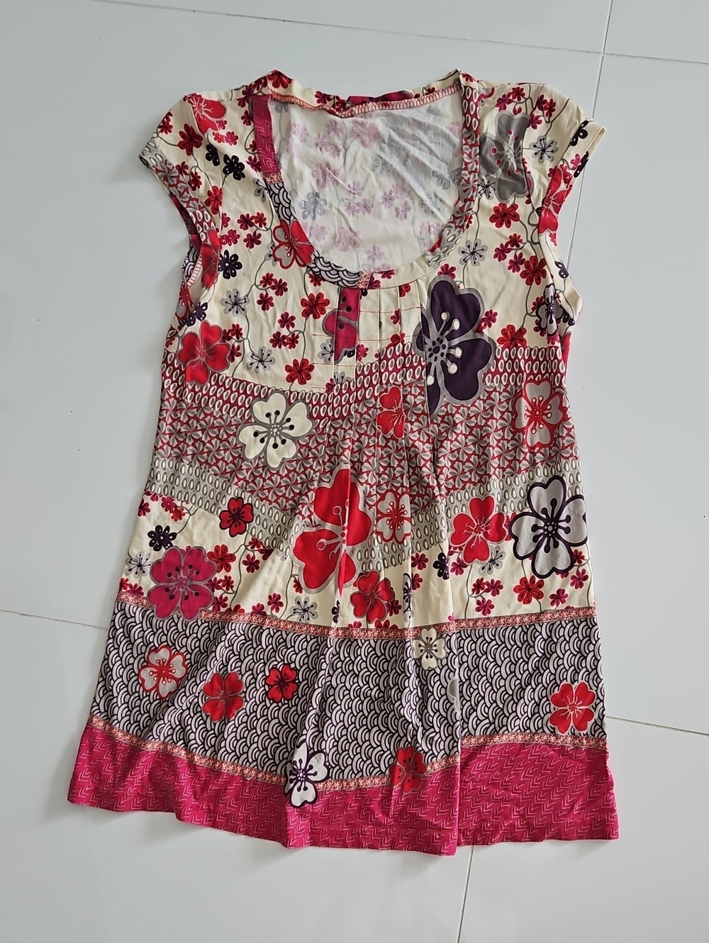 Floral Boho Cream and Pink Cap Short Sleeve Tunic Top